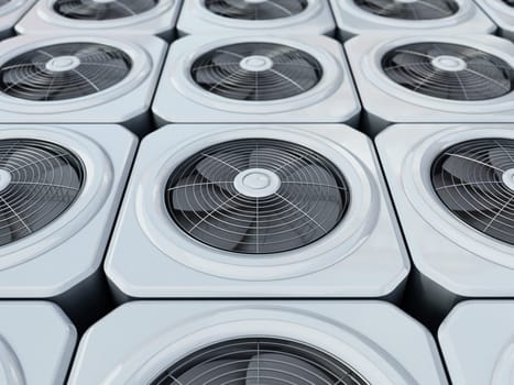 Generic air conditioner units in a row. 3D illustration.