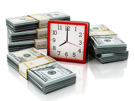 Alarm clock and dollar bills isolated on white background. 3D illustration.