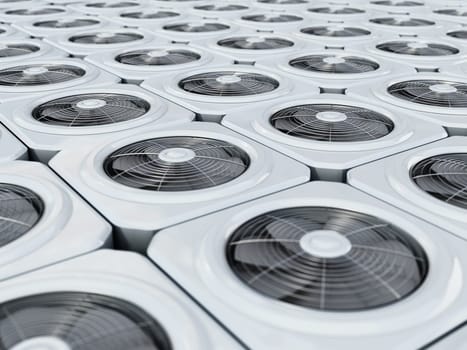 Generic air conditioner units in a row. 3D illustration.