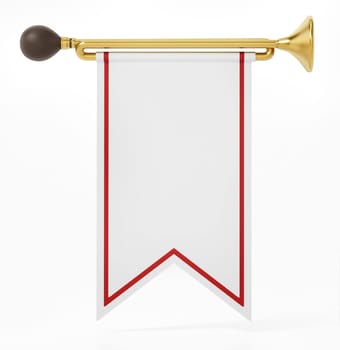 Trumpet with white flag isolated on white background. 3D illustration.