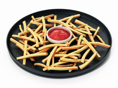 French fries with ketchup in the dish isolated on white background. 3D illustration.