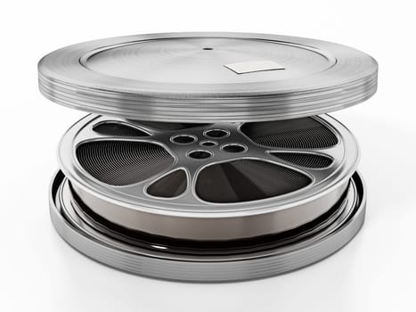 Film reel inside metal container. 3D illustration.
