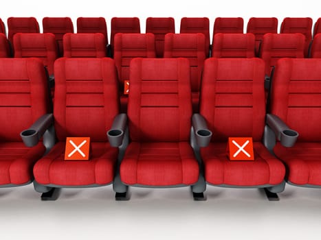 Cinema seats with cross icons. 3D illustration.