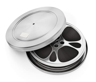 Film reel inside metal container. 3D illustration.