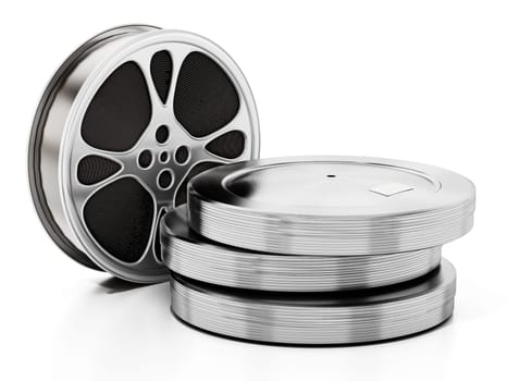 Stack of film reels inside metal container. 3D illustration.