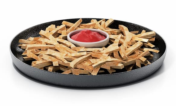 French fries with ketchup in the dish isolated on white background. 3D illustration.