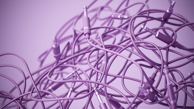 Abstract background with tangled audio cables with jacks. 3D illustration.