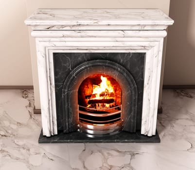 Burning wood logs inside fireplace. 3D illustration.