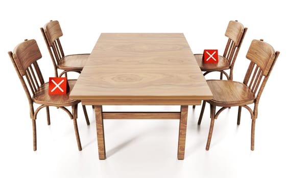 Restaurant or cafe table and chairs with cross icons. 3D illustration.