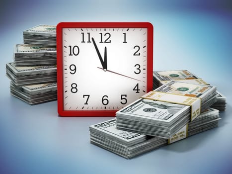 Alarm clock and dollar bills isolated on blue background. 3D illustration.