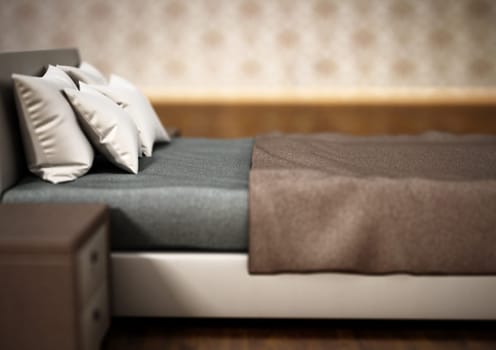 Comfortable modern bed inside bedroom. 3D illustration.