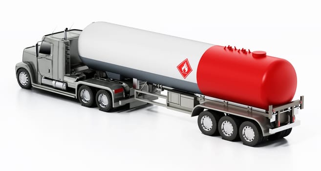 Gas truck with aluminum fuel tanker trailer. 3D illustration.