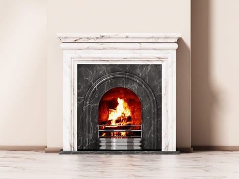 Burning wood logs inside fireplace. 3D illustration.