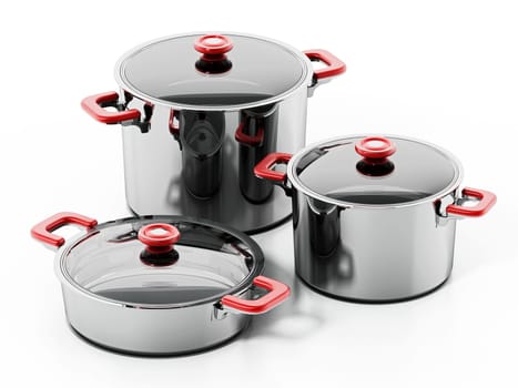 Set of steel cooking pots isolated on white background. 3D illustration.