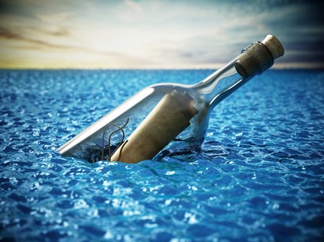 Message in a bottle at the sea. 3D illustration.