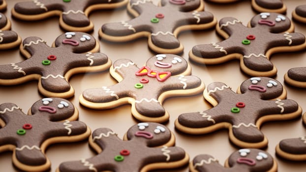 Happy gingerbread man cookie stands out in the crowd. 3D illustration.
