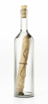 Message in a bottle isolated on white background. 3D illustration.