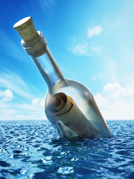 Message in a bottle at the sea. 3D illustration.