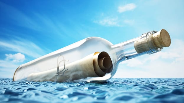Message in a bottle at the sea. 3D illustration.
