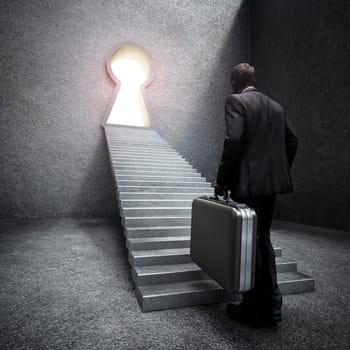 Businessman standing in front of the ladders leading to the bright keyhole. 3D illustration.