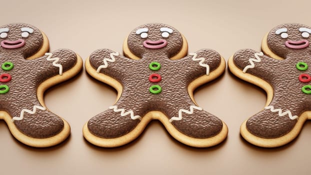 Gingerbread cookies in a row. 3D illustration.
