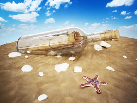 Message in a bottle standing on the beach sand. 3D illustration.