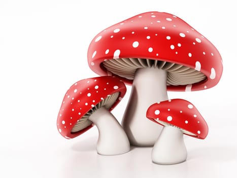 Red and white wild mushrooms isolated on white background. 3D illustration.