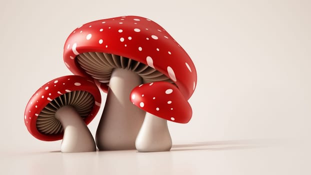 Red and white wild mushrooms. Copy space on the right. 3D illustration.