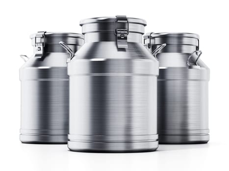 Metal retro milk cans isolated on white background. 3D illustration.