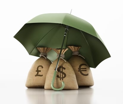 Three sacks with dollar, euro and pound symbols under an umbrella. 3D illustration.