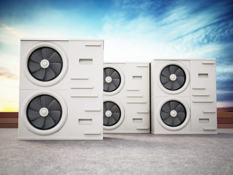 Generic air conditioner units at the roof. 3D illustration.