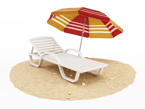 Sunbed and umbrella isolated on white background. 3D illustration.