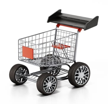 Shopping cart with sports tyres and a spoiler. 3D illustration.