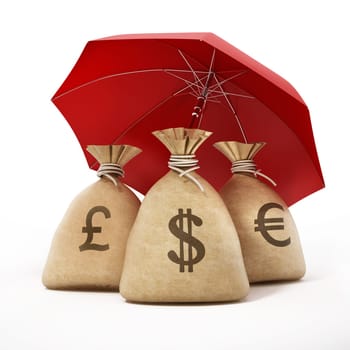Three sacks with dollar, euro and pound symbols under an umbrella. 3D illustration.