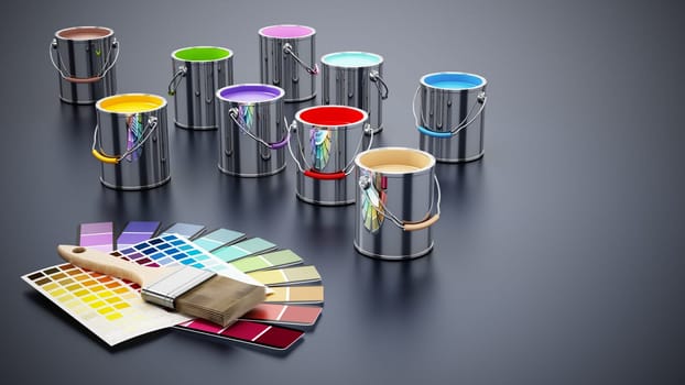 Paint cans, color guides and paintbrush. 3D illustration.