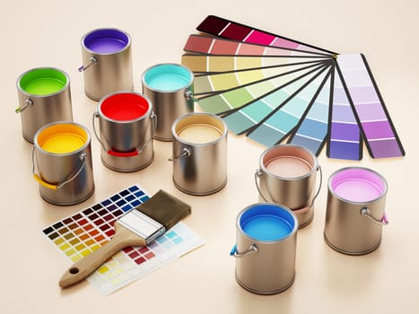Paint cans, color guides and paintbrush. 3D illustration.