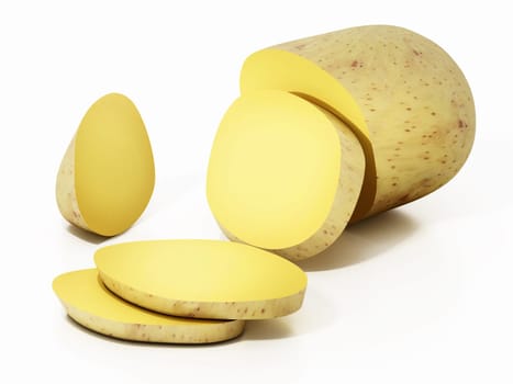Sliced raw potato isolated on white background. 3D illustration.