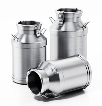Metal retro milk cans isolated on white background. 3D illustration.