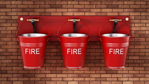 Vintage fire buckets hanging on the wall. 3D illustration.
