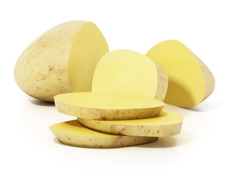 Sliced raw potato isolated on white background. 3D illustration.