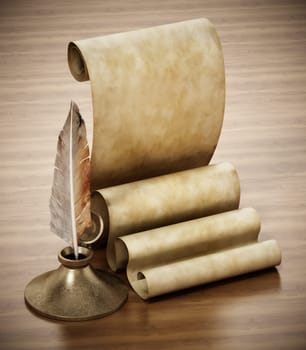 Ancient parchment, inkwell and quill. 3D illustration.