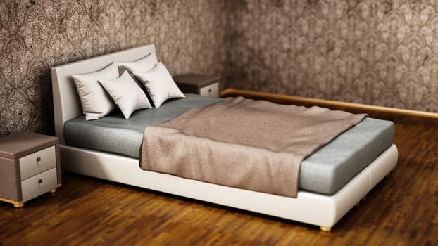 Comfortable modern bed inside bedroom. 3D illustration.
