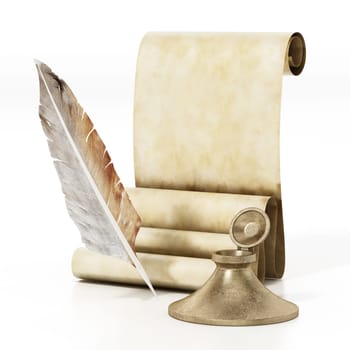 Ancient parchment, inkwell and quill. 3D illustration.