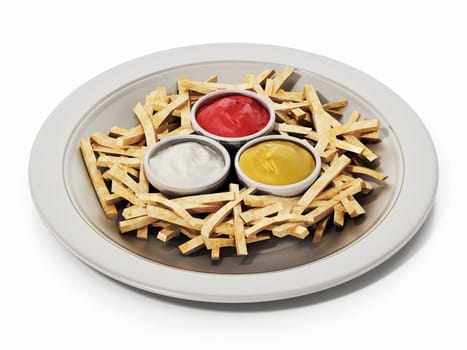 French fries with ketchup in the dish isolated on white background. 3D illustration.