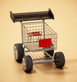 Shopping cart with sports tyres and a spoiler. 3D illustration.