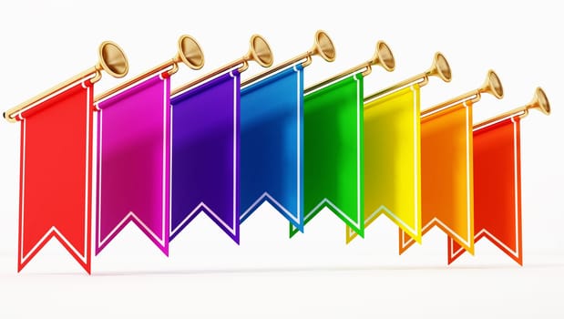 Trumpets with colored flags isolated on white background. 3D illustration.