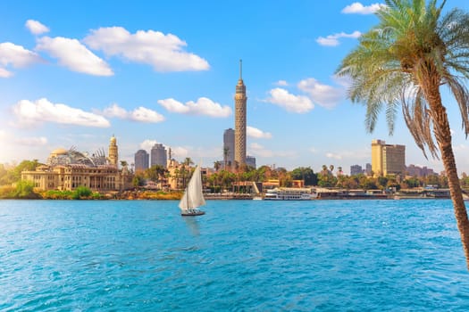 Cairo downtown, view on Gezira Island in the Nile and sailboat, Egypt, Africa.
