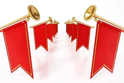 Trumpets with red flags isolated on white background. 3D illustration.