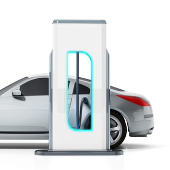 Car standing near charging station connected with a cord. 3D illustration.