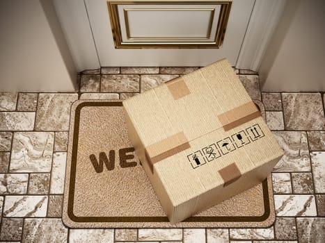 Cargo box standing on doormat. 3D illustration.